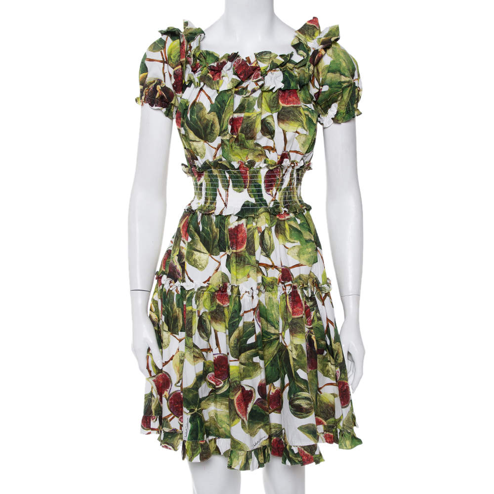 Dolce & Gabbana Multicolor Fig Printed Cotton Smocked Detail Off Shoulder Dress S