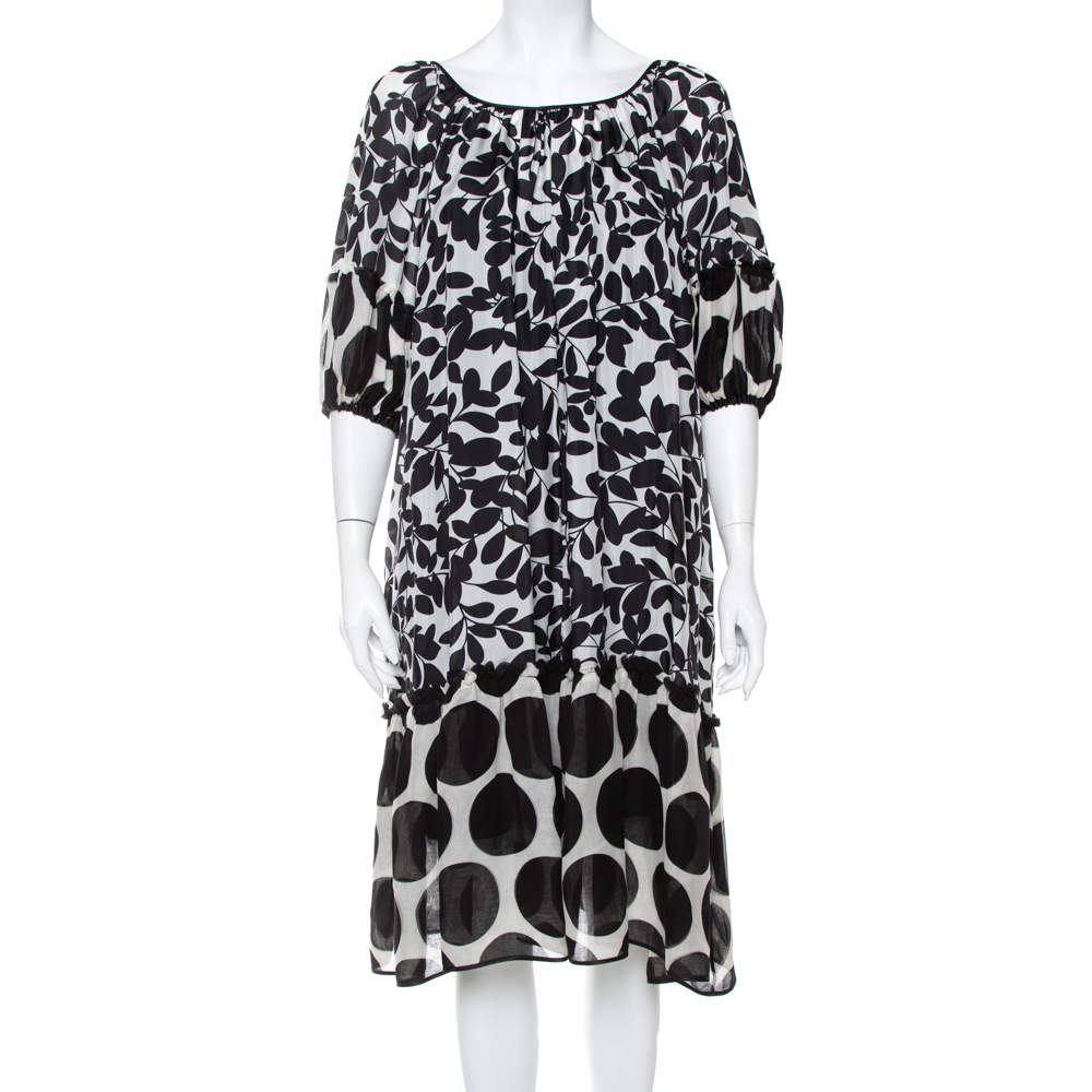 Pre Owned Dolce & Gabbana Monochrome Leaf Printed Silk Ruffled Midi Dress M
