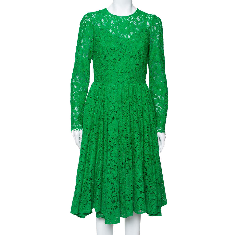 مملوكة مسبقًا Dolce & Gabbana Green Lace Long Sleeve Midi Dress M
