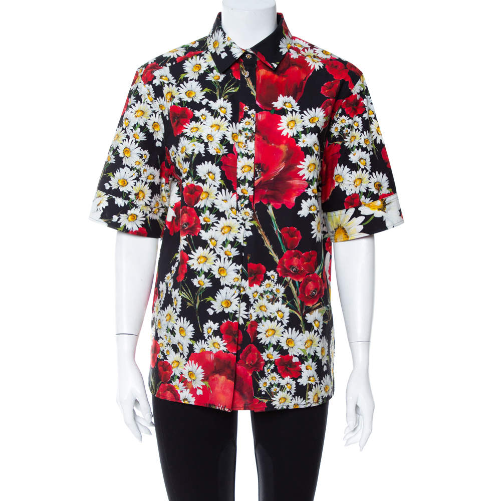 مملوكة مسبقًا Dolce & Gabbana Black Poppy & Daisy Printed Cotton Half Button Short Sleeve Shirt M