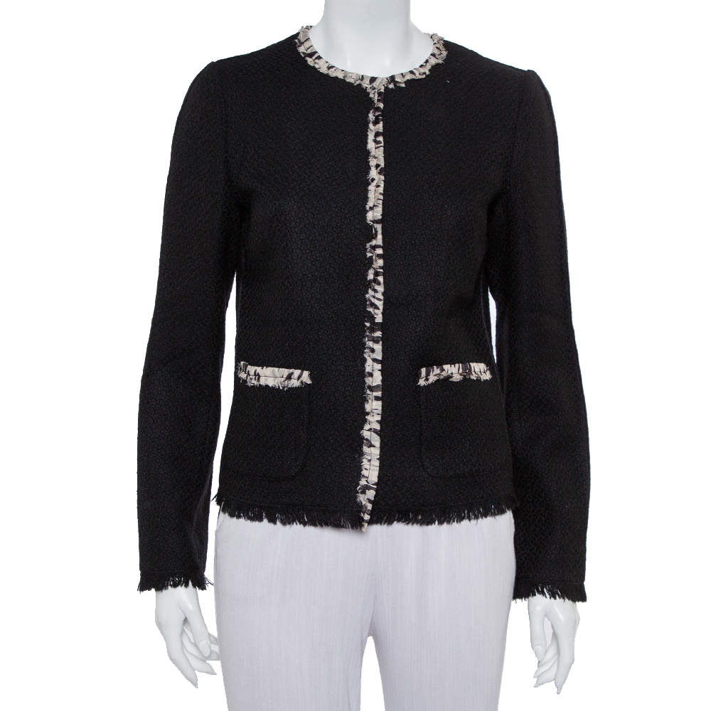 Pre Owned Dolce & Gabbana Black Tweed Contrast Trim Frayed Hem Jacket M