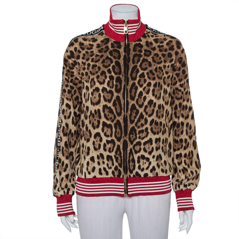 Pre Owned Dolce & Gabbana Brown Animal Printed Silk Contrast Trim Detail Zip Front Jacket S