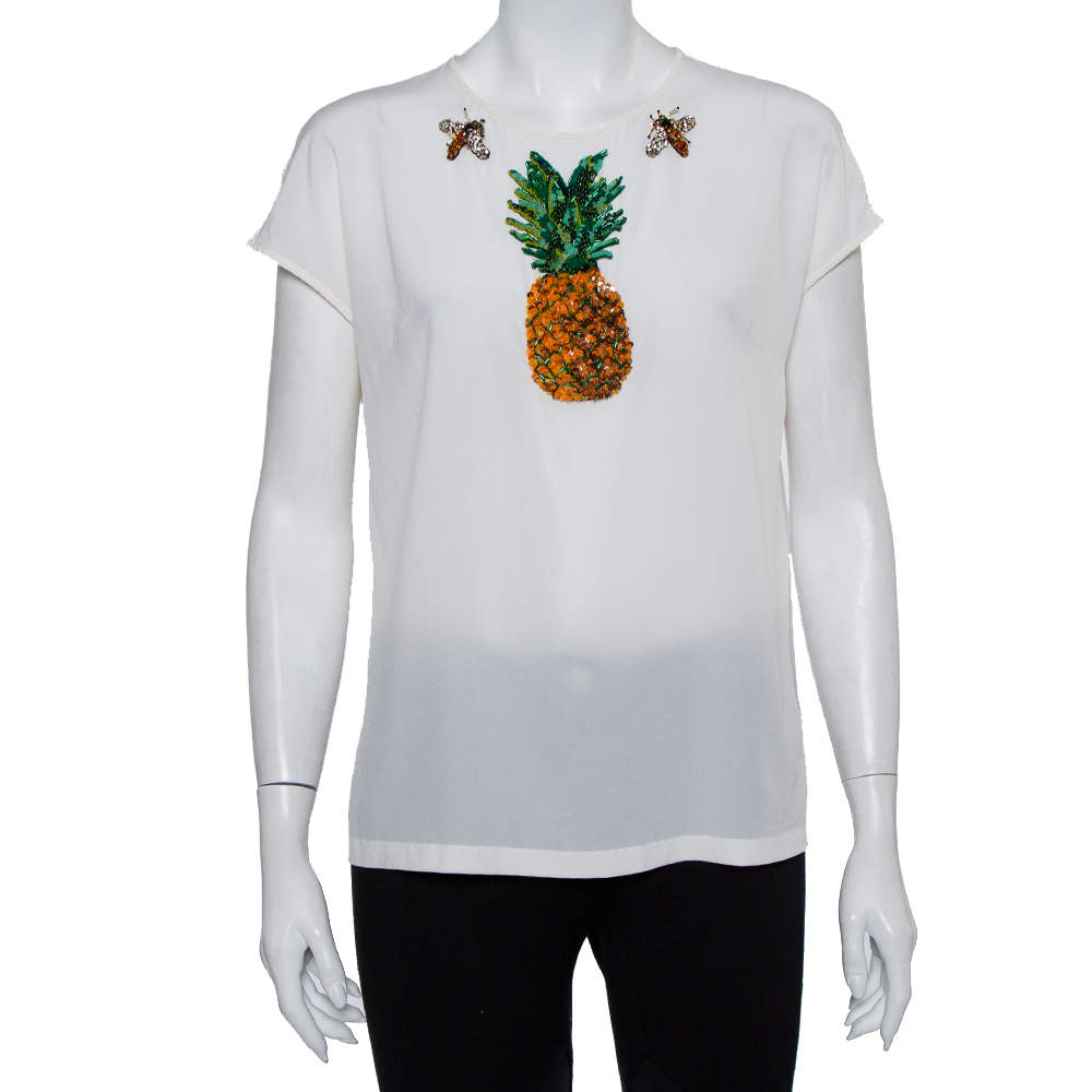 Pre Owned Dolce & Gabbana Cream Silk Sequin Embellished Trim Blouse M