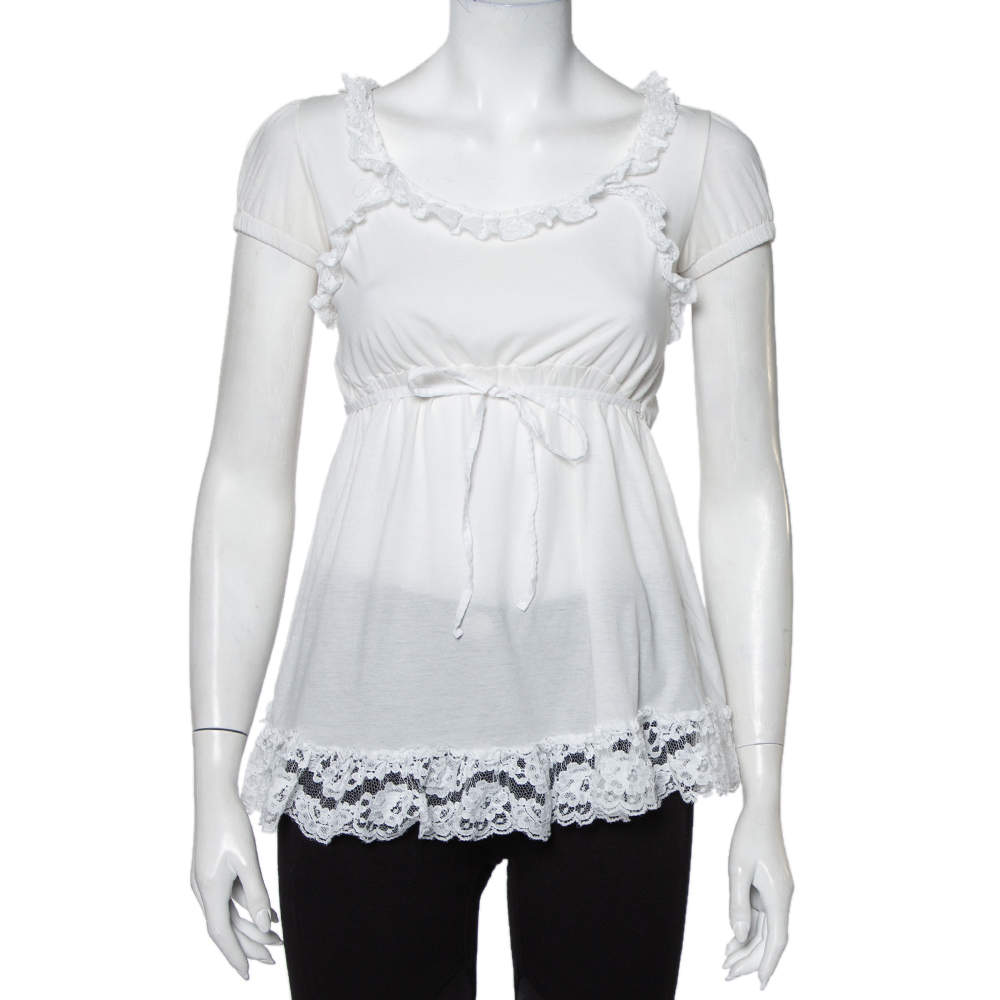 Pre Owned Dolce & Gabbana White Knit Lace Trim Waist Tie Detail Top M