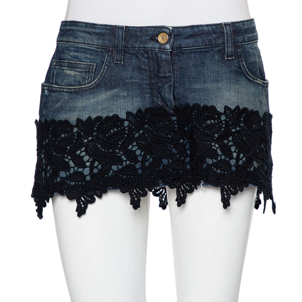 Dolce & Gabbana Blue Denim Lace Detail Mini Skirt M