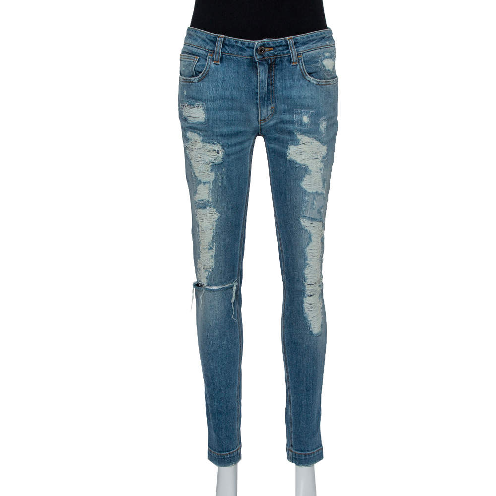 Pre Owned Dolce & Gabbana Blue Faded Denim Distressed Kate Jeans M