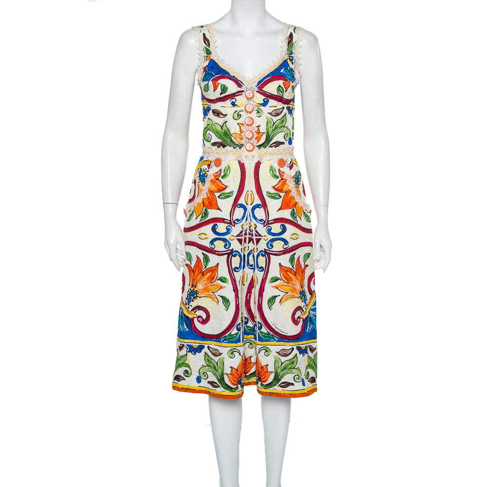 Pre Owned Dolce & Gabbana Multicolor Majolica Printed Jacquard Sleeveless Midi Dress M