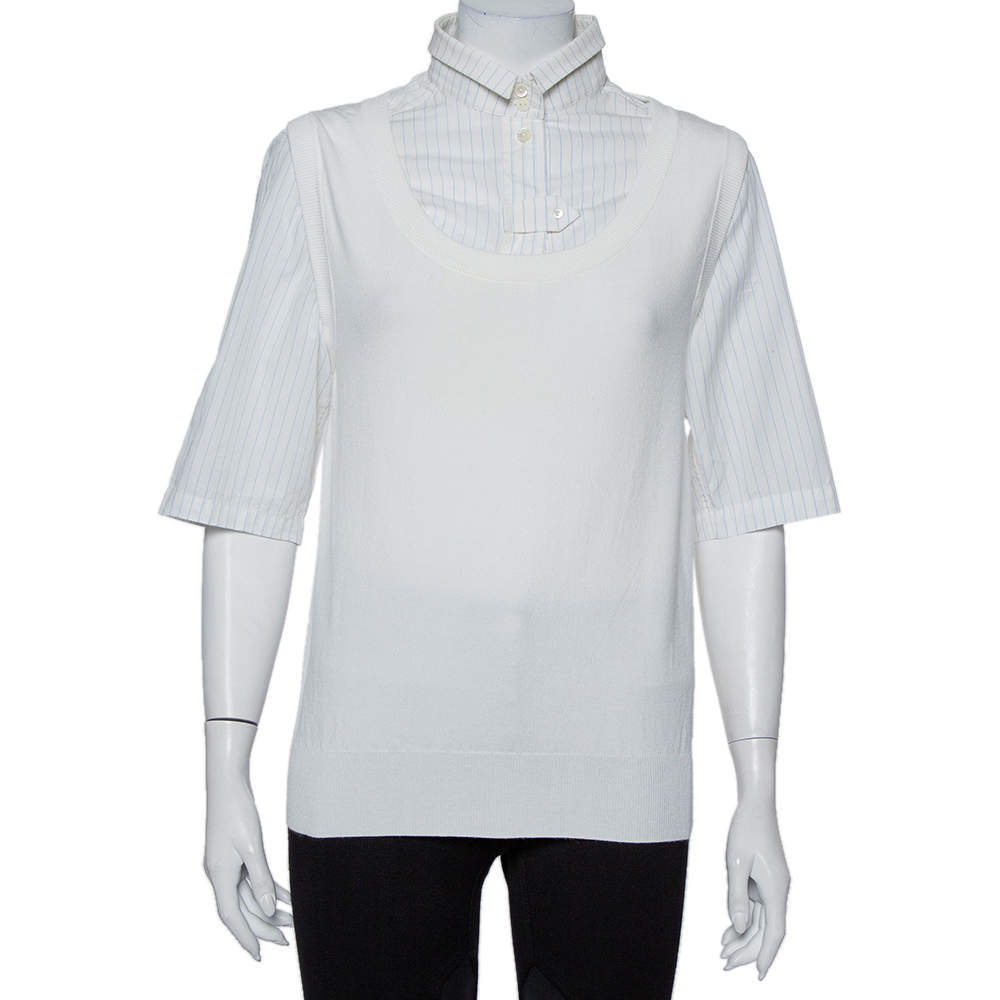 Dolce & Gabbana White Knit Sleeveless Overlay Detail Collared Top L