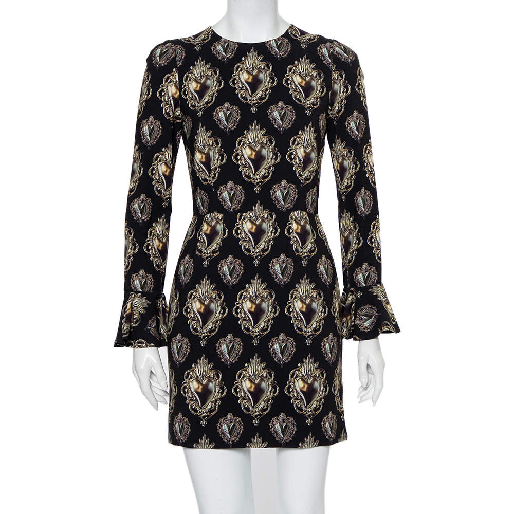 Dolce & Gabbana Black Sacred Heart Printed Crepe Mini Dress S