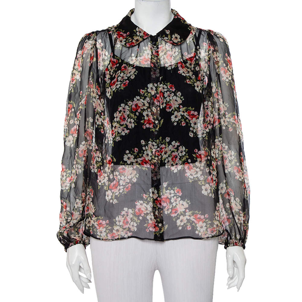 Pre Owned Dolce & Gabbana Black Floral Printed Silk Button Front Sheer Shirt M