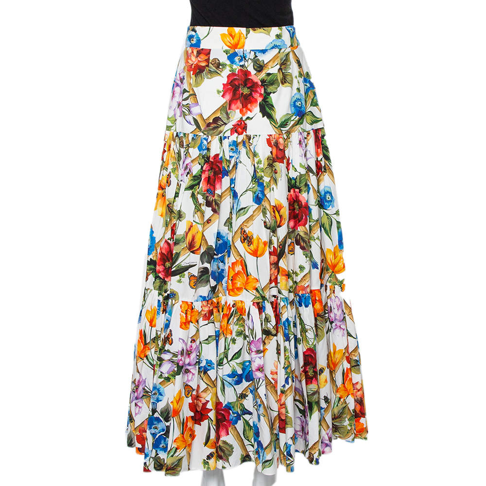 Dolce & Gabbana Multicolor Bamboo Printed Cotton Tiered Maxi Skirt M