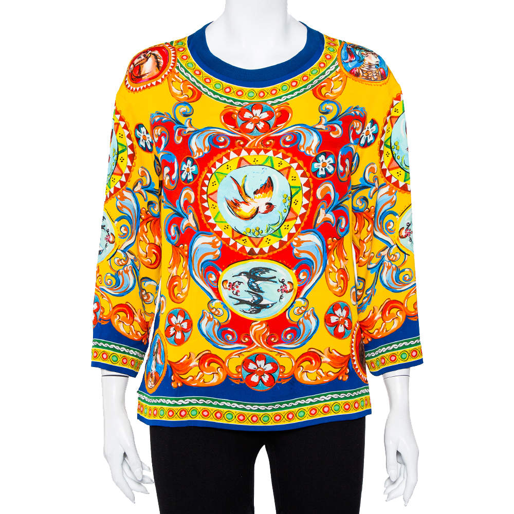 Pre Owned Dolce & Gabbana Multicolor Carretto Siciliano Printed Silk Oversized Top XS
