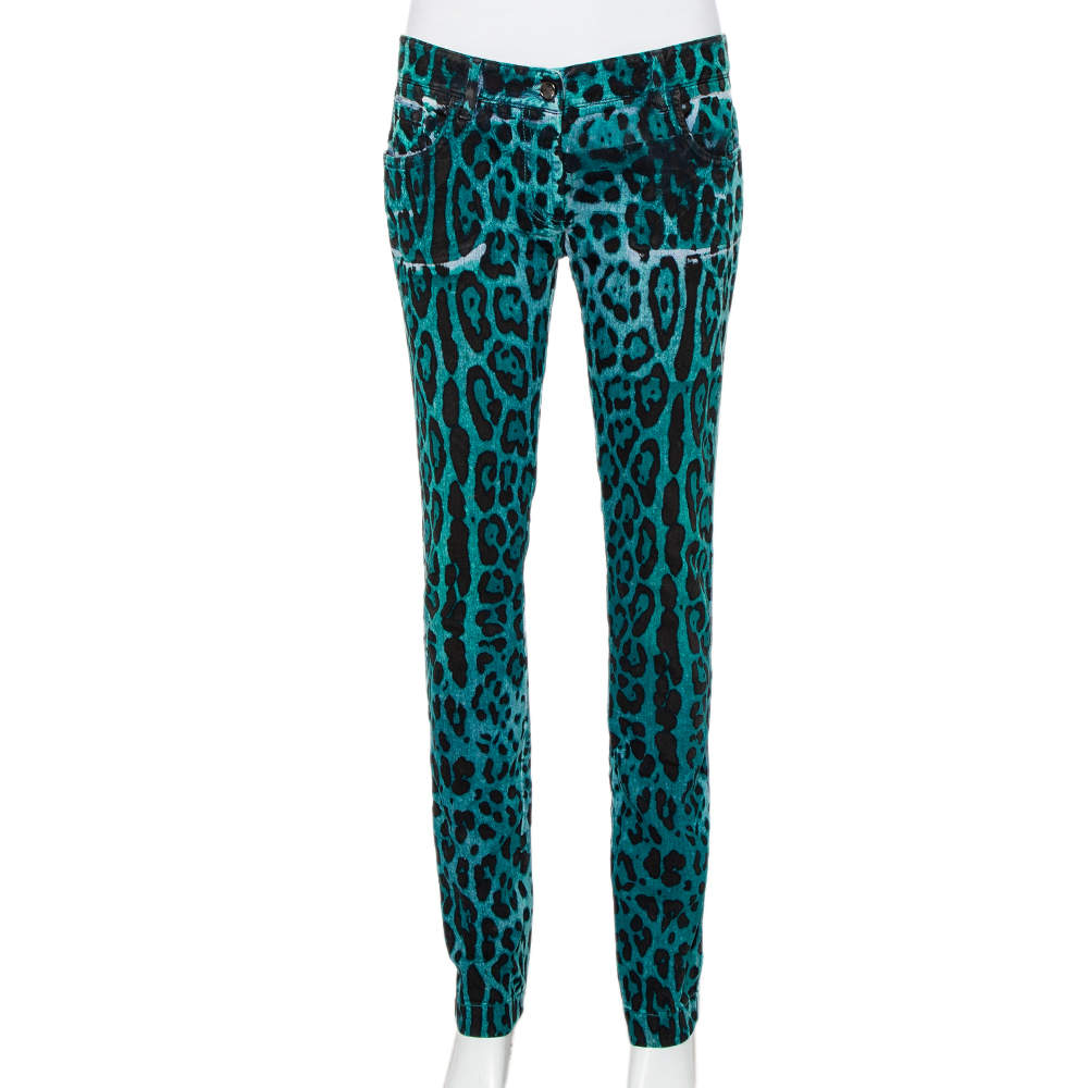 Pre Owned Dolce & Gabbana Green & Blue Animal Printed Denim Tapered Leg Jeans M