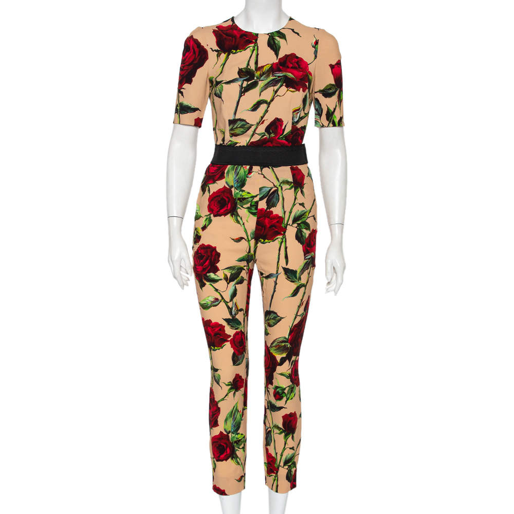 Dolce & Gabbana Beige Floral Printed Crepe Top & Tapered Leg Trousers S