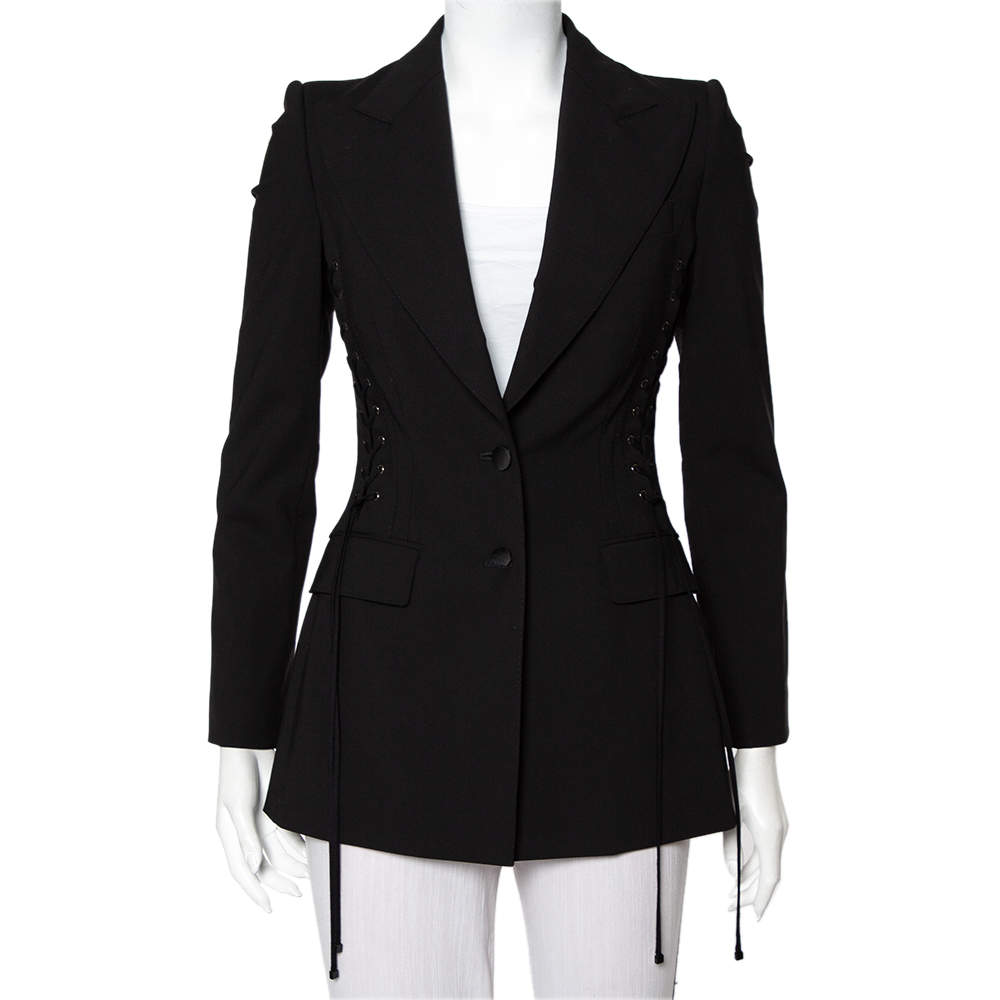 Pre Owned Dolce & Gabbana Black Wool Lace Up Detail Button Front Blazer XS