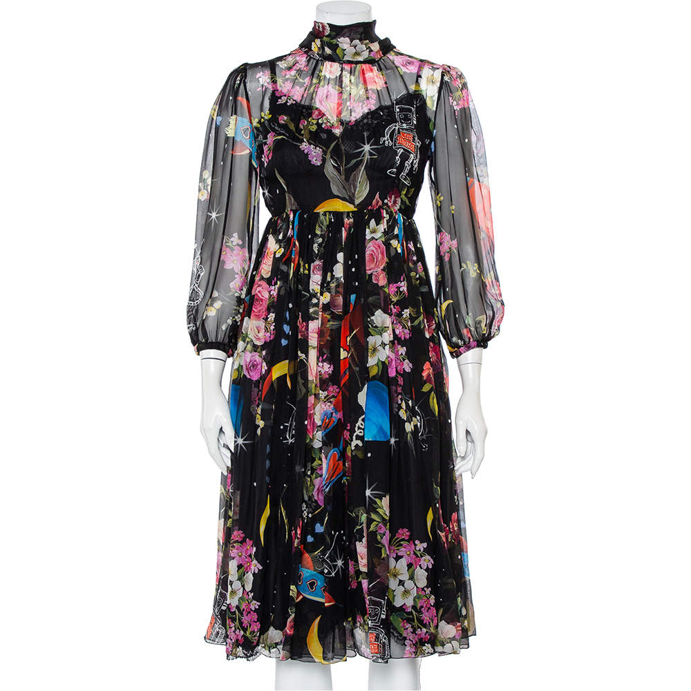 مملوكة مسبقًا فستان ميدي دولتشي أند غابانا حرير أسود مطبوع بربطة عنق مقاس متوسط - ميديوم