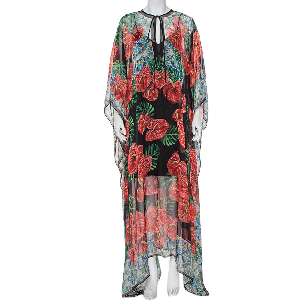 Dolce & Gabbana Multicolor Anthurium Printed Silk Kaftan Maxi Dress L
