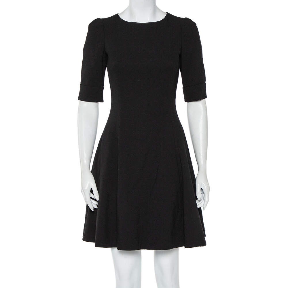 Dolce & Gabbana Black Wool Crepe Short Sleeve A-Line Dress S