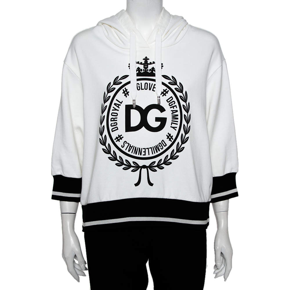 Pre Owned Dolce & Gabbana White Cotton Logo Printed Hooded Sweatshirt S   