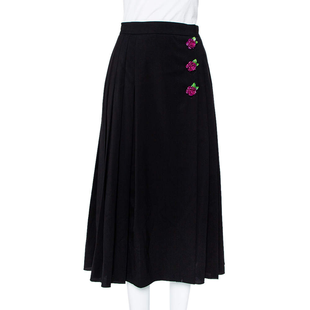 Pre Owned Dolce & Gabbana Black Wool Rose Applique Detail Pleated Midi Skirt S