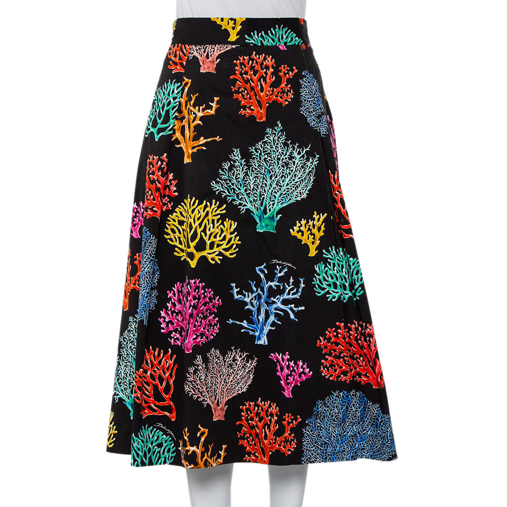Pre Owned Dolce & Gabbana Black Coral Print Cotton Midi Skirt L