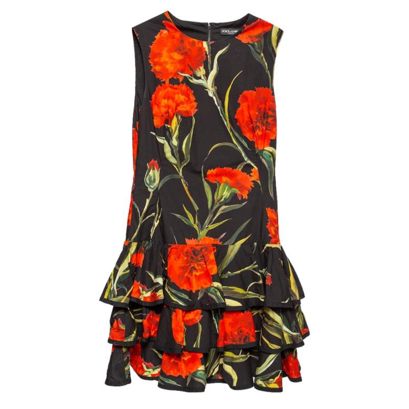 Pre Owned Dolce & Gabbana Black Floral Printed Cotton Ruffled Hem Sleeveless Mini Dress M
