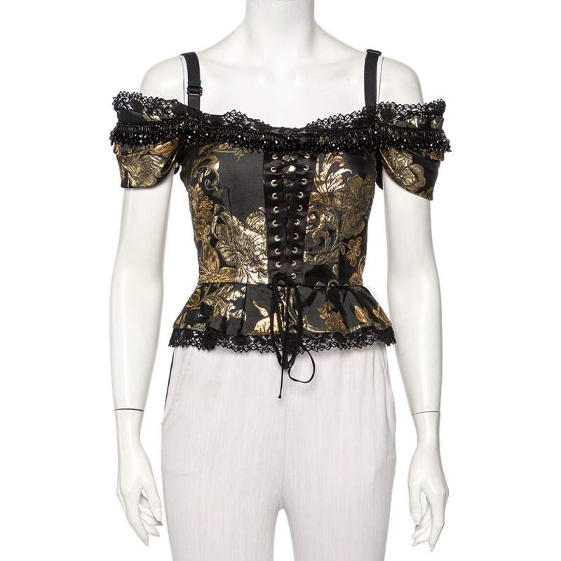 Pre Owned توب دولتشي أند غابانا كورسيه  جاكارد ذهبي وأسود بلا أكتاف تفاصيل خرز مقاس صغير - سمول 