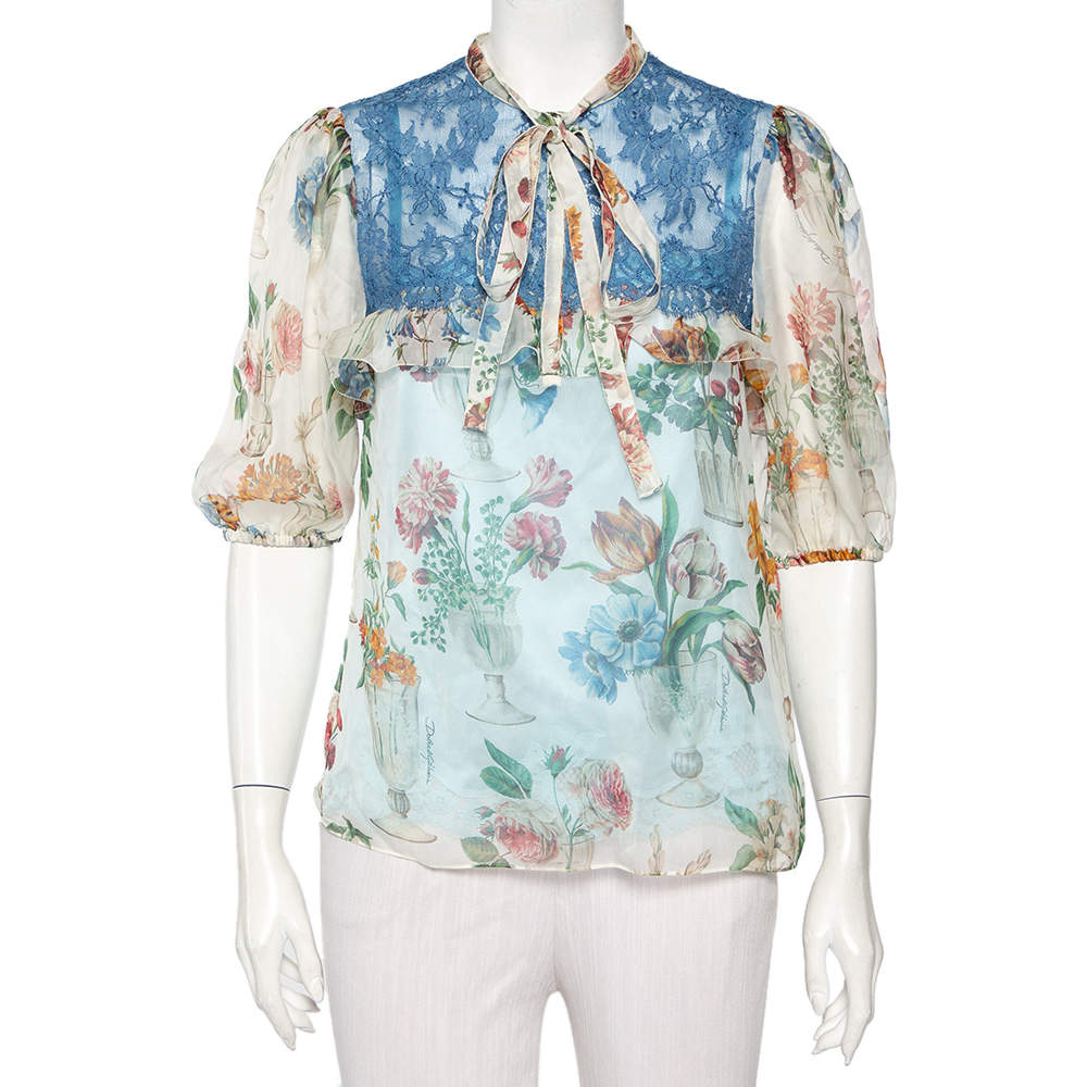 Pre Owned Dolce & Gabbana Multicolor Silk & Lace Neck Tie Detail Top M