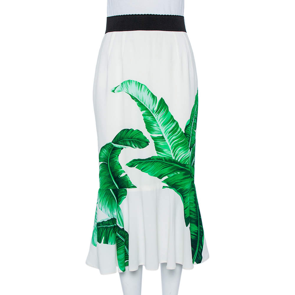 Pre Owned Dolce & Gabbana White Banana Leaf Printed Crepe Flared Hem Midi Skirt M
