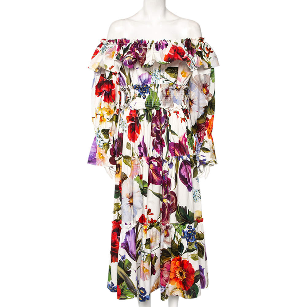 Dolce & Gabbana White Floral Printed Cotton Ruffle Detail Tiered Off Shoulder Midi Dress L