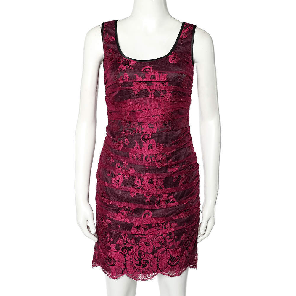 Pre Owned Dolce & Gabbana Magenta Lace Contrast Satin Trim Ruched Sleeveless Mini Dress S
