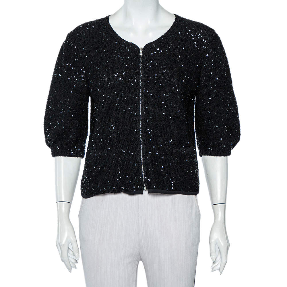 Pre Owned Dolce & Gabbana Black Sequin Embellished Knit Zip Front Jacket L