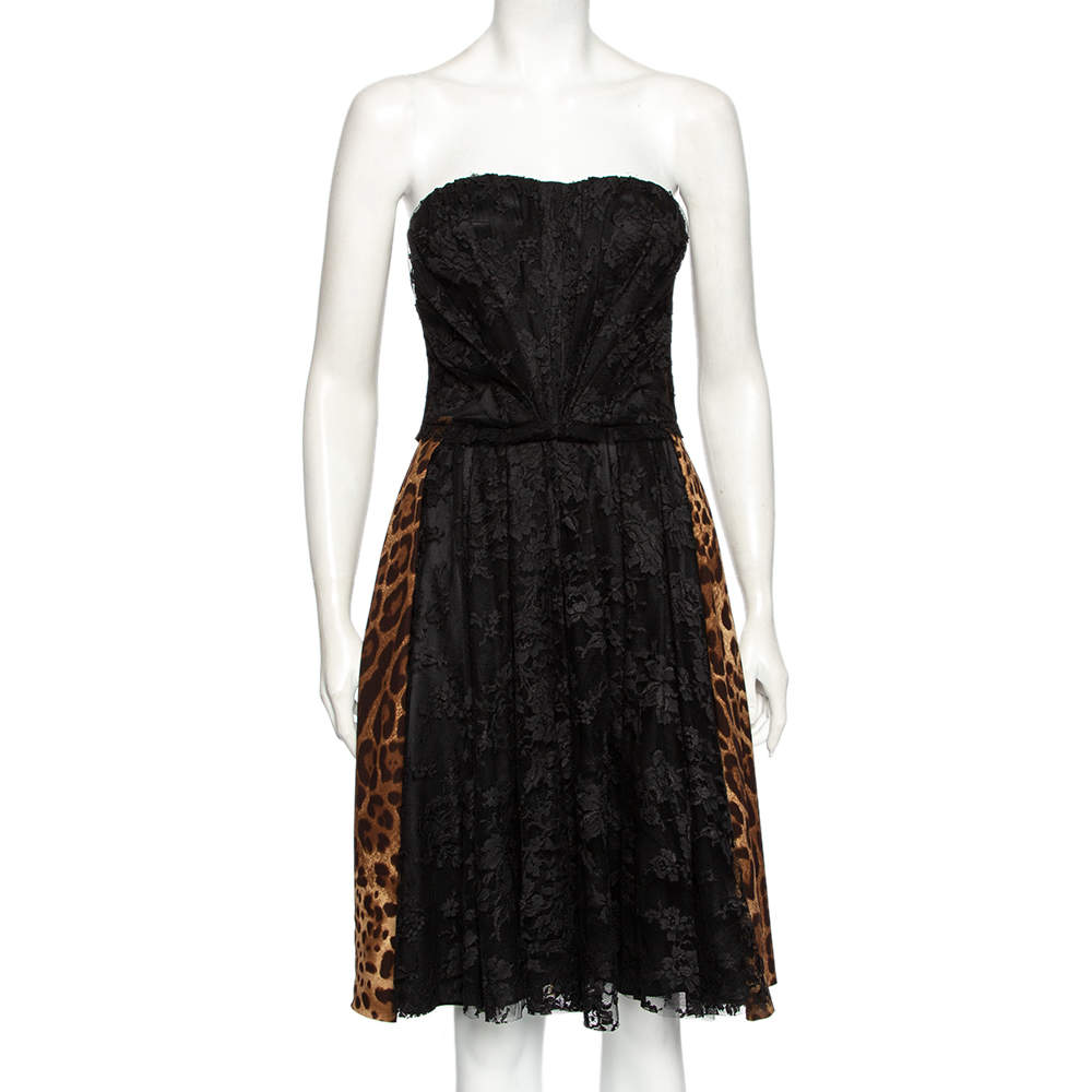 Dolce & Gabbana Brown Leopard Printed Silk & Lace Draped Neck Bustier Dress S