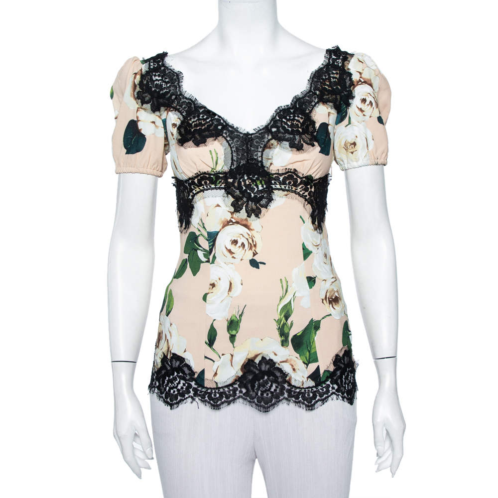 Pre Owned Dolce & Gabbana Pink Floral Printed Crepe & Lace Trim Blouse XS
