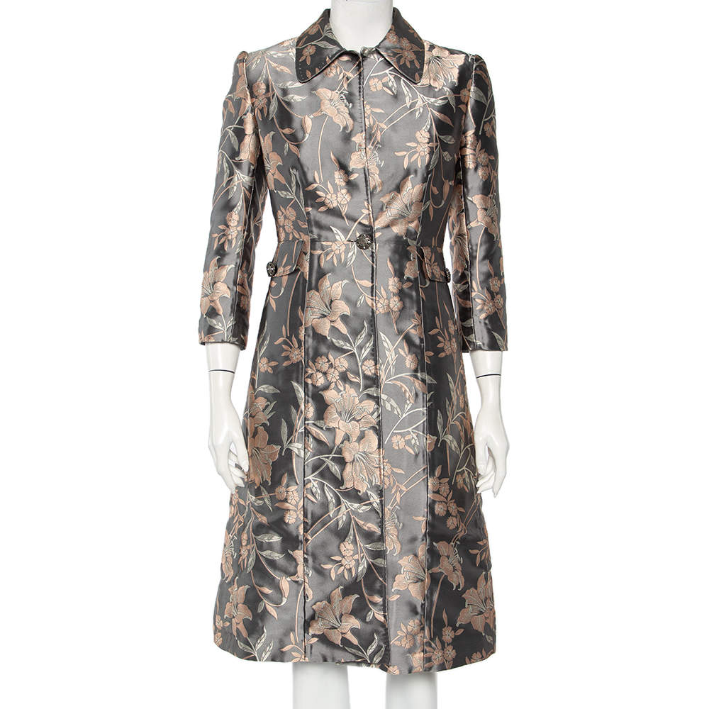Pre Owned Dolce & Gabbana Grey Floral Jacquard Satin Button Front Coat S