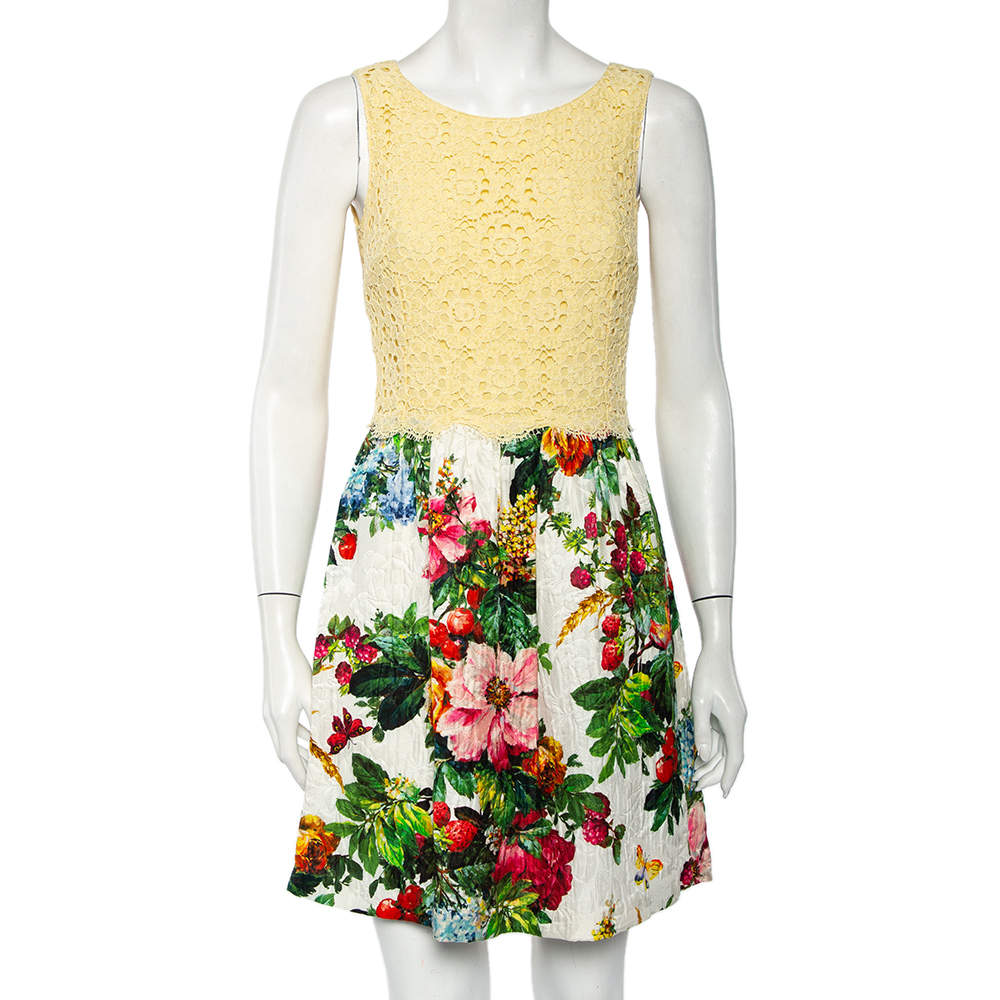 Dolce & Gabbana Yellow Lace & Floral Jacquard Mini Dress S