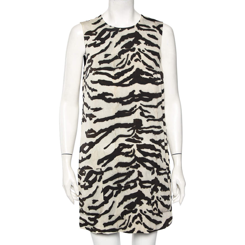 Pre Owned فستان قصير دولتشي قصير بلا أكمام حرير طباعة حيوان مونوكروم مقاس متوسط
