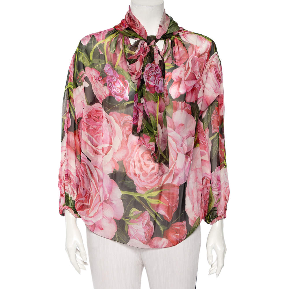 Pre Owned Dolce & Gabbana Pink Rose Printed Silk Neck Tie Detail Top M
