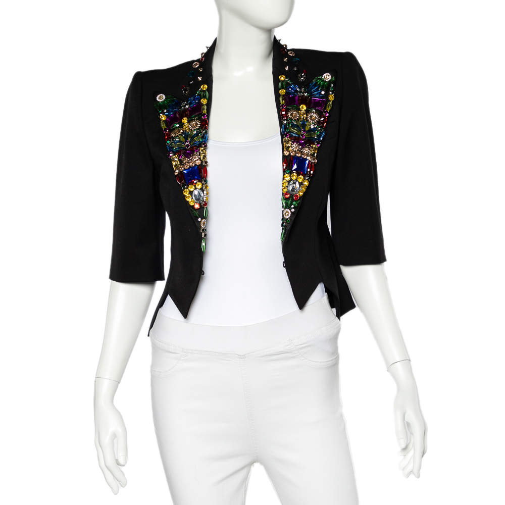 Pre Owned Dolce and Gabbana Black Wool Rhinestone and Crystal Lapel Cropped Blazer S