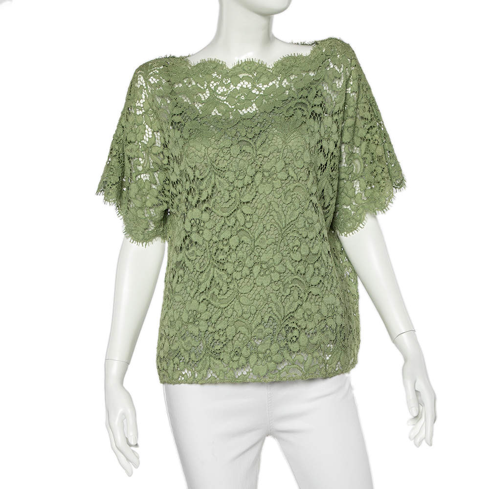 Pre Owned Dolce & Gabbana Green Floral Lace Top M