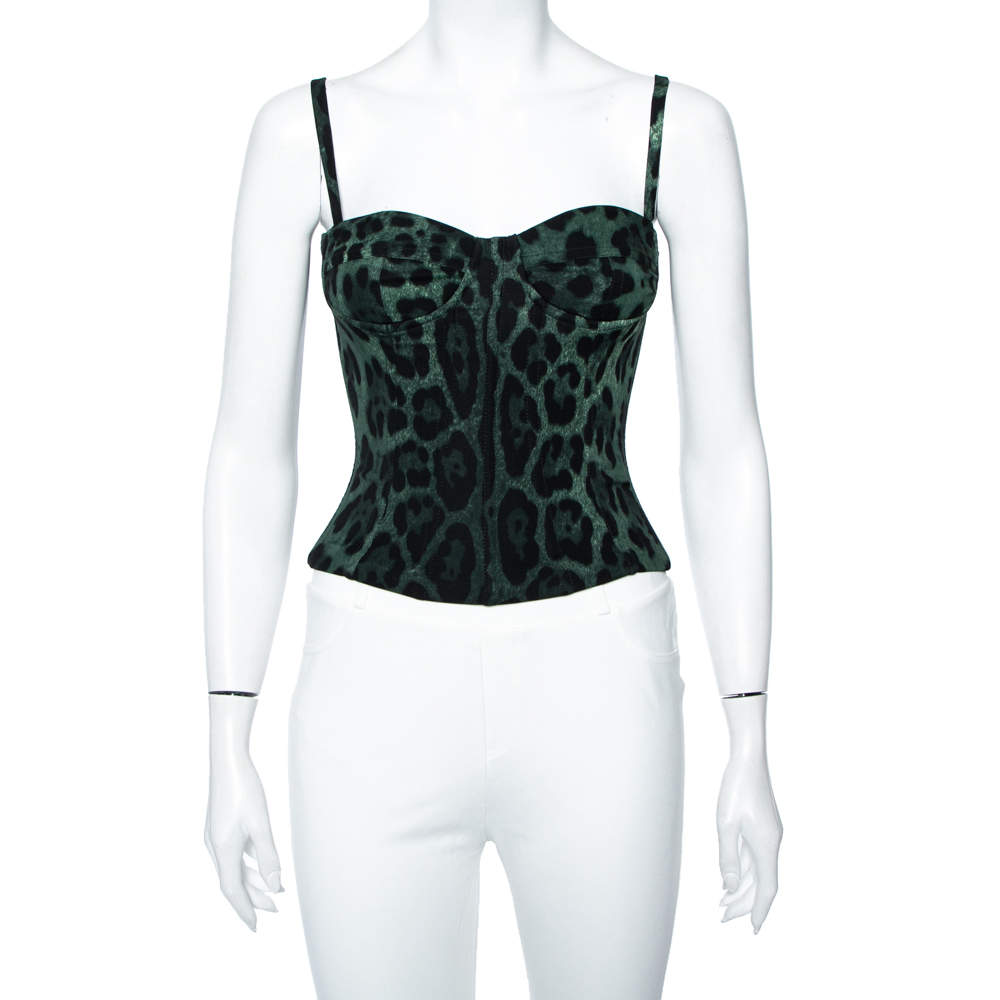 Pre Owned Dolce & Gabbana Dark Green Leopard Print Silk Bustier Top S 