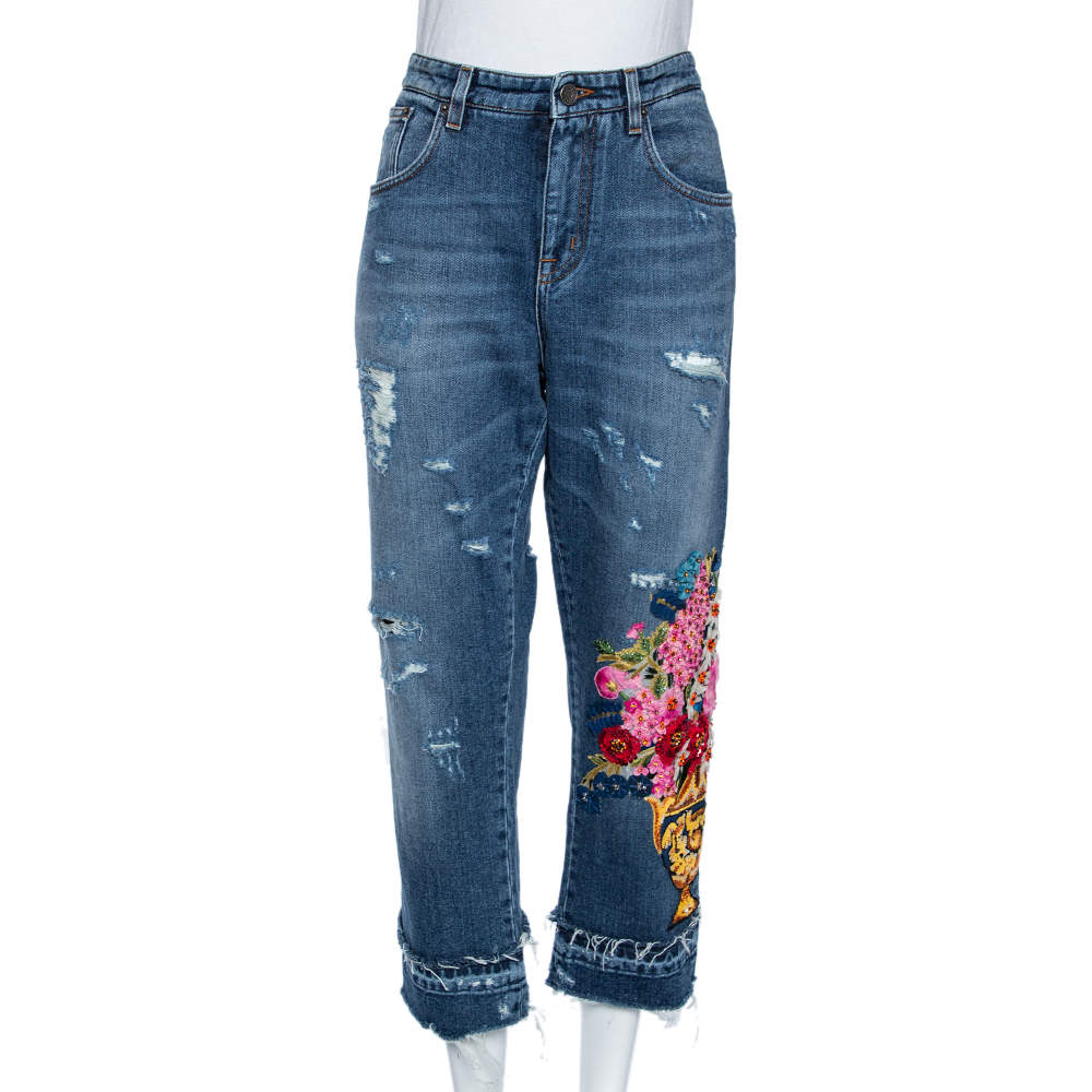 Pre Owned Dolce & Gabbana Indigo Light Wash Denim Embellished Capri Boyfriend Jeans M