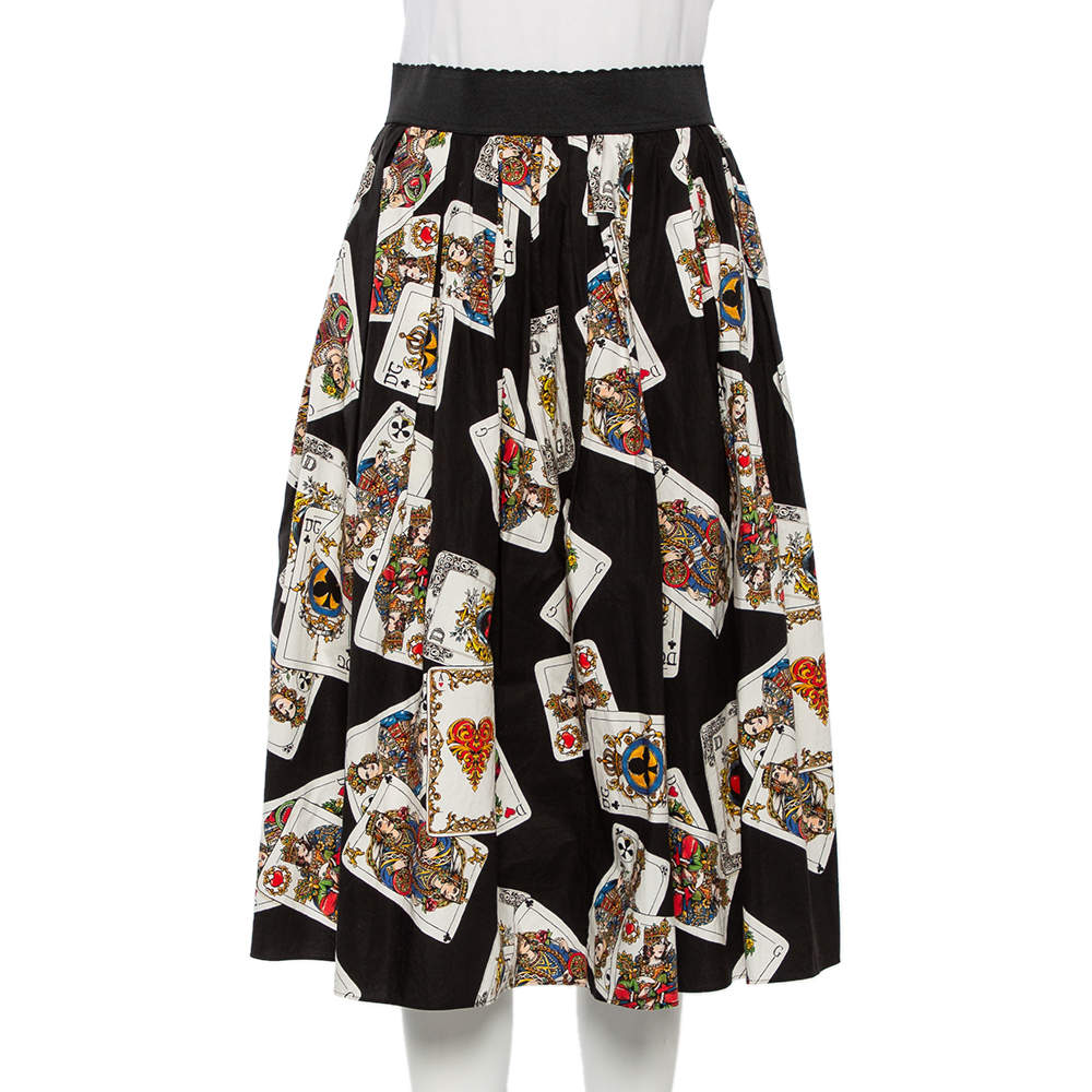 Pre Owned Dolce & Gabbana Black Cotton Playing Cards Print Pleated Midi Skirt S