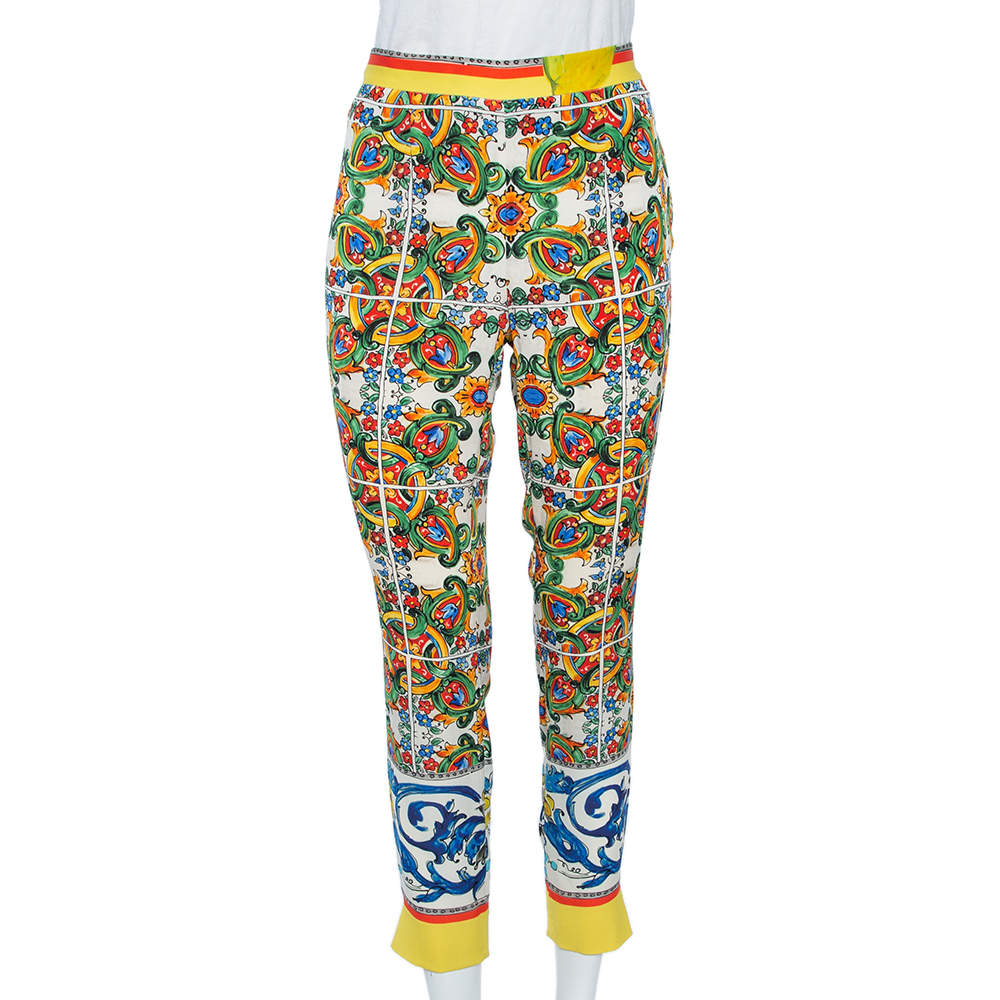 Pre Owned Dolce & Gabbana Multicolor Majolica Print Silk Trousers M 