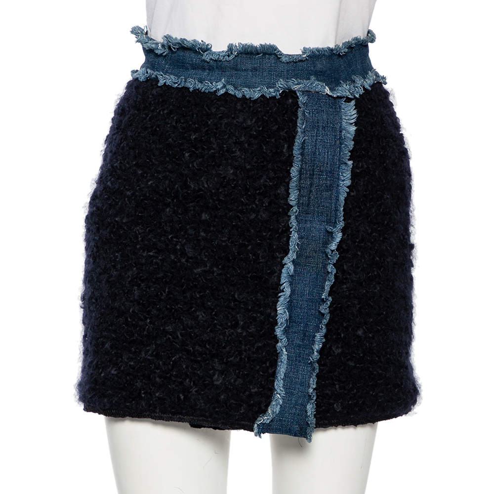 Pre Owned D&G Navy Blue Mohair Denim Trim Detail Button-Up Mini Skirt S 