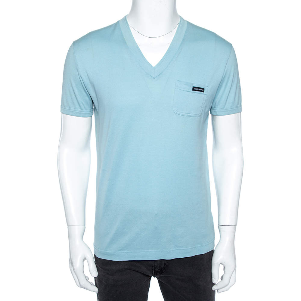 Pre Owned Dolce & Gabbana Sky Blue Cotton Patch Pocket Detail V-Neck T-Shirt L