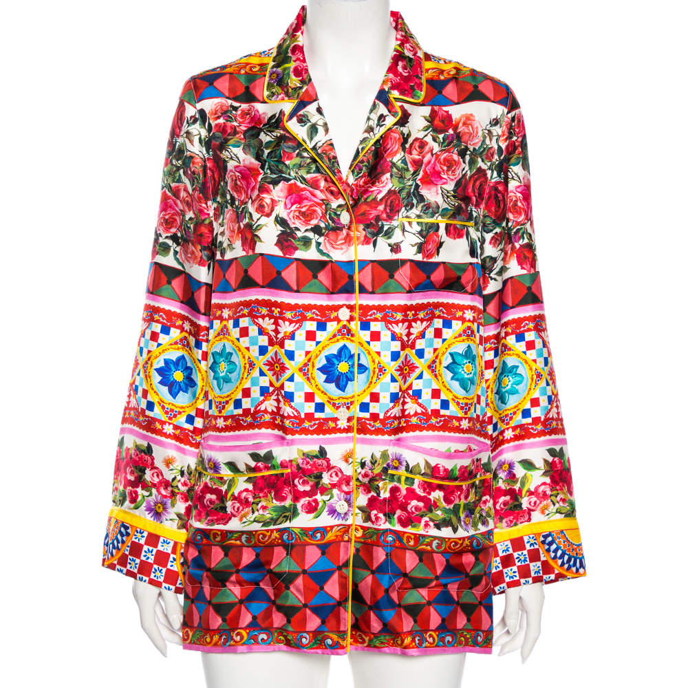 Pre Owned Dolce & Gabbana Multicolored Caretto Print Silk Pajama Shirt S