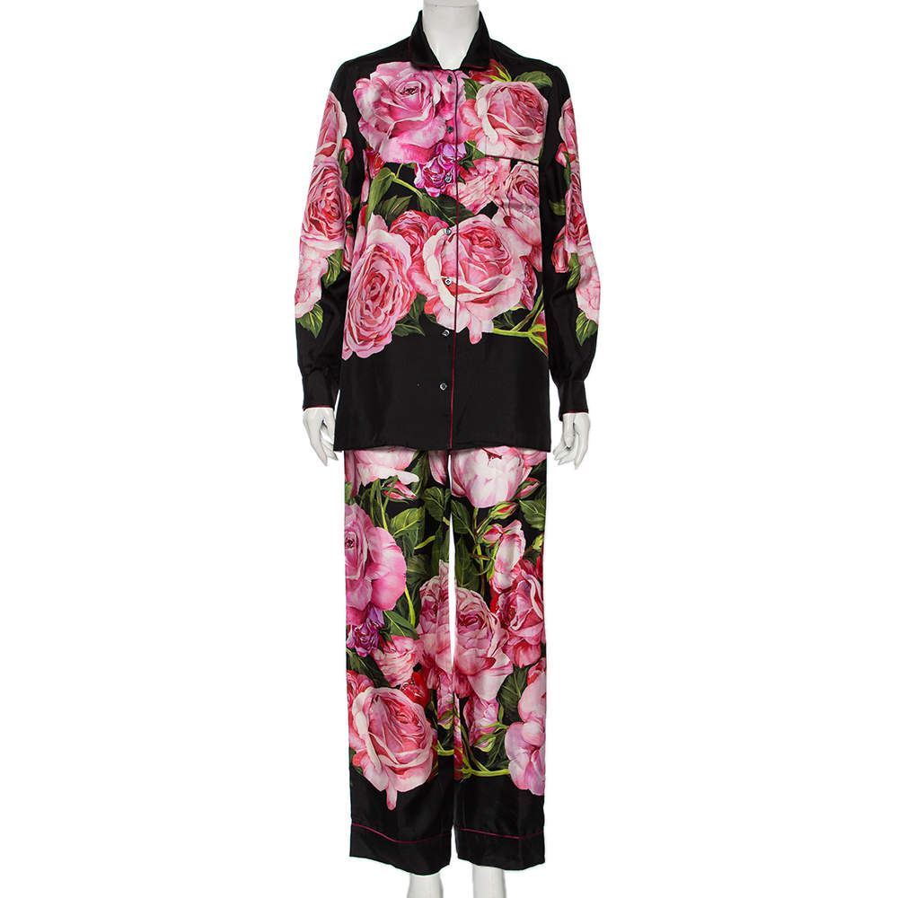 Pre Owned Dolce & Gabbana Black Rose-Print Silk Pajama Set S