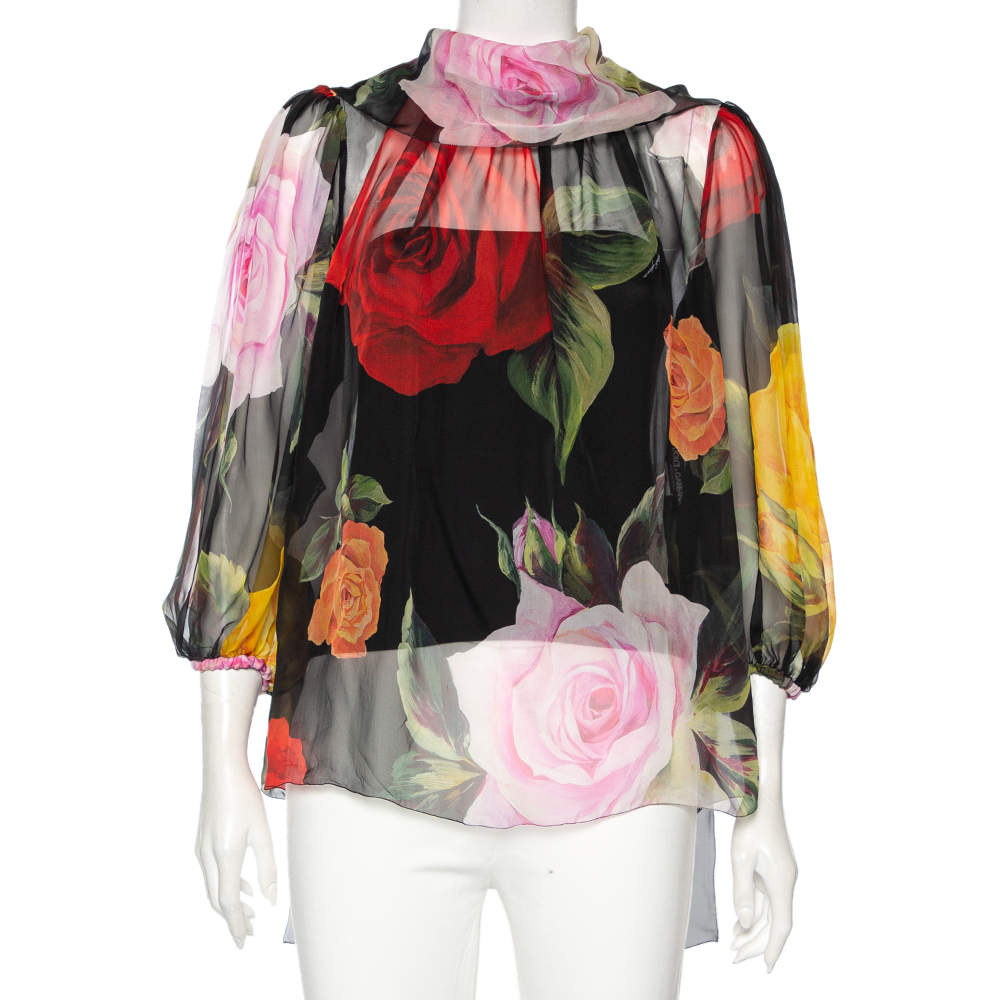 Dolce & Gabbana Black Floral Printed Silk Self-Tie Detail Blouse S