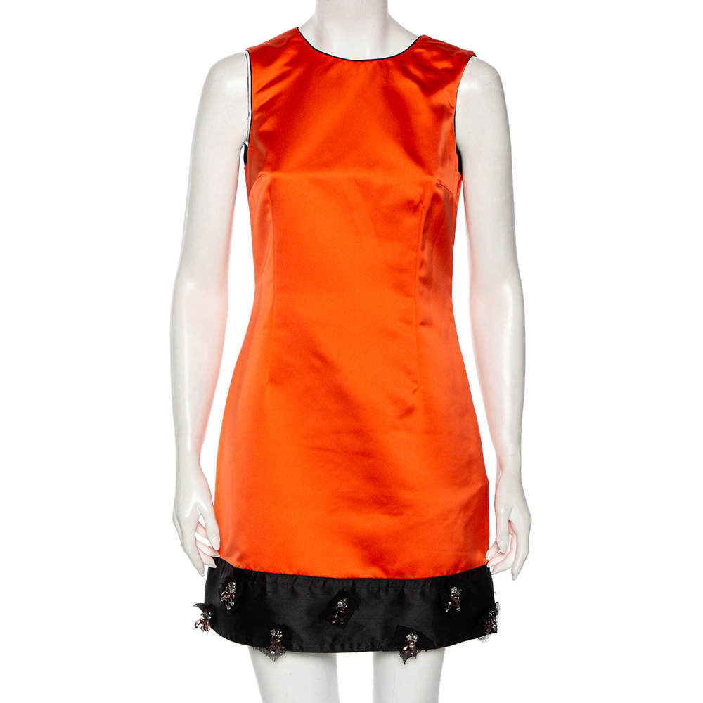 Dolce & Gabbana Orange Satin Contrast Embellished Hem Detail Short Dress M